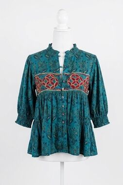 NEW LAYERZ CLOTHING embroidered paisley top in teal